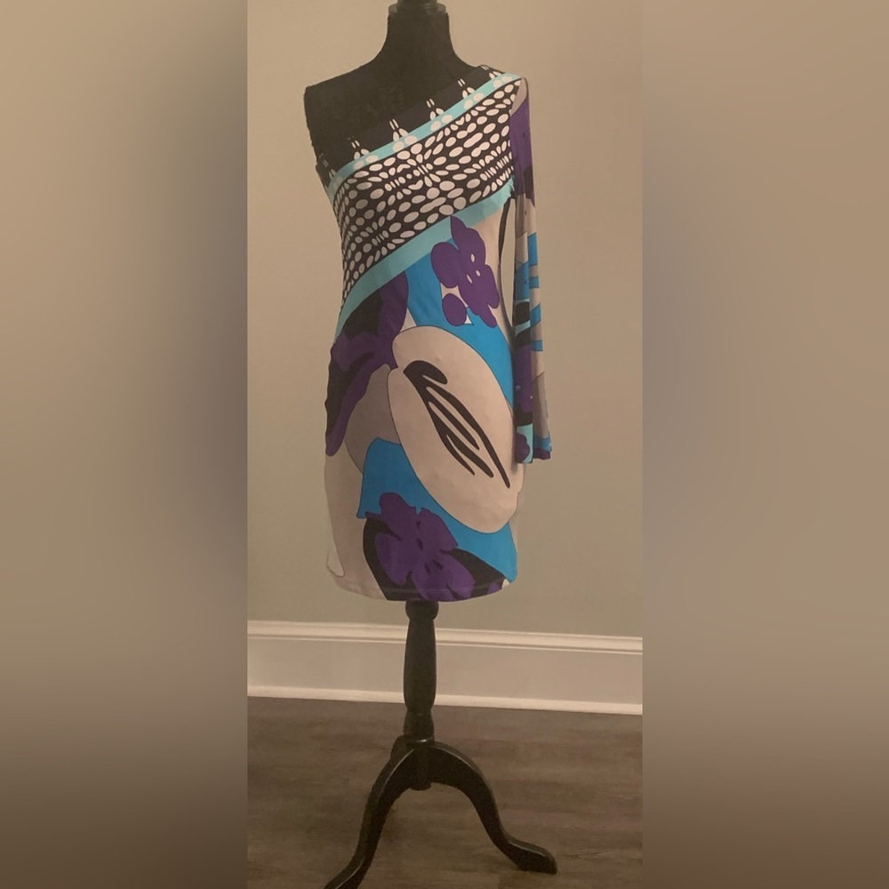 Analili One Shoulder Dress, Bell Sleeve, Size M